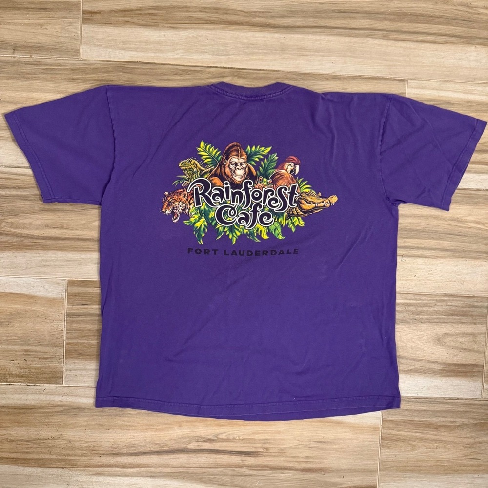 Vintage Rainforest Cafe Fort Lauderdale Purple Graphic T-Shirt Mens 2XL Frog Log